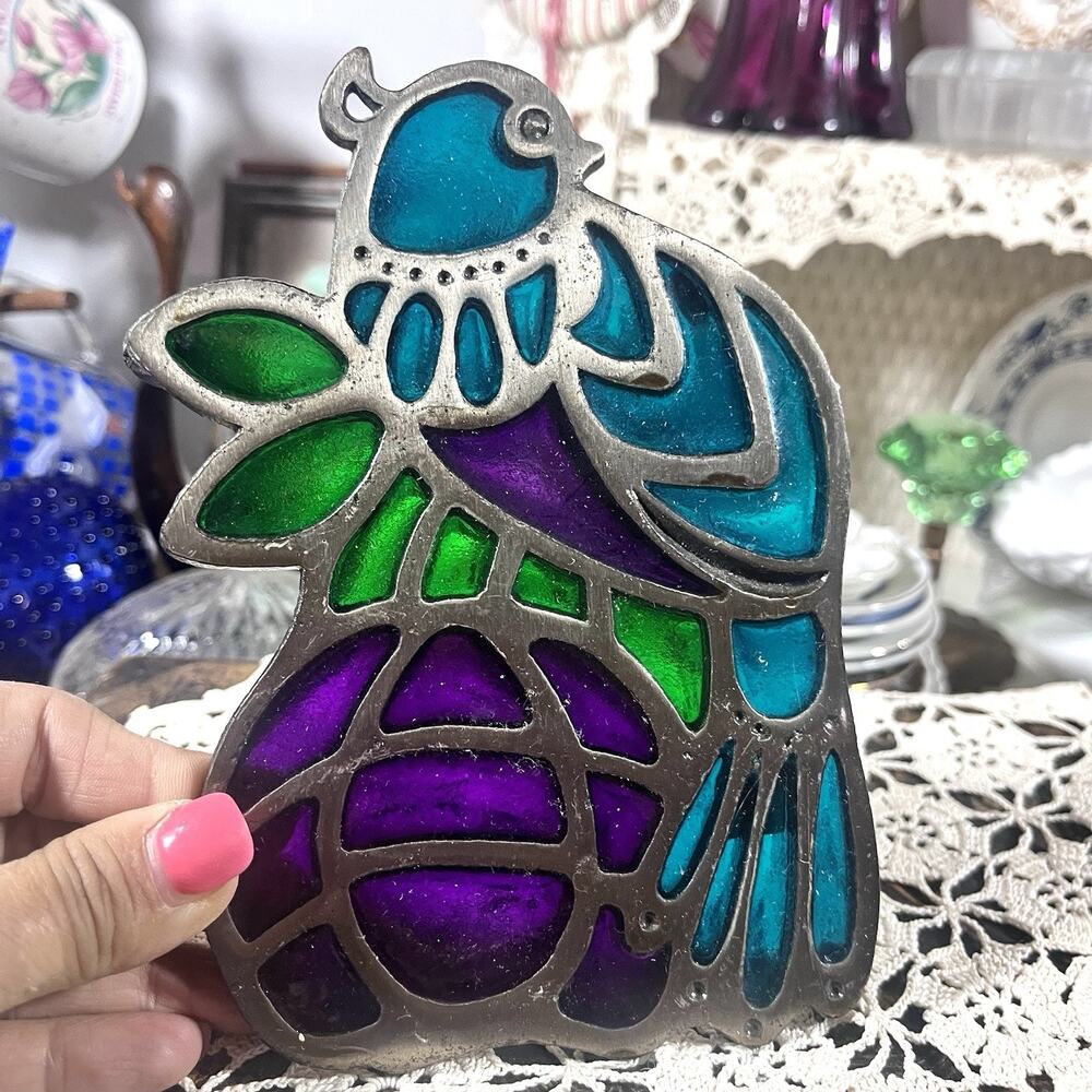 Vintage H Japan Stylized Bird Trivet Cast Metal Stained Glass Style